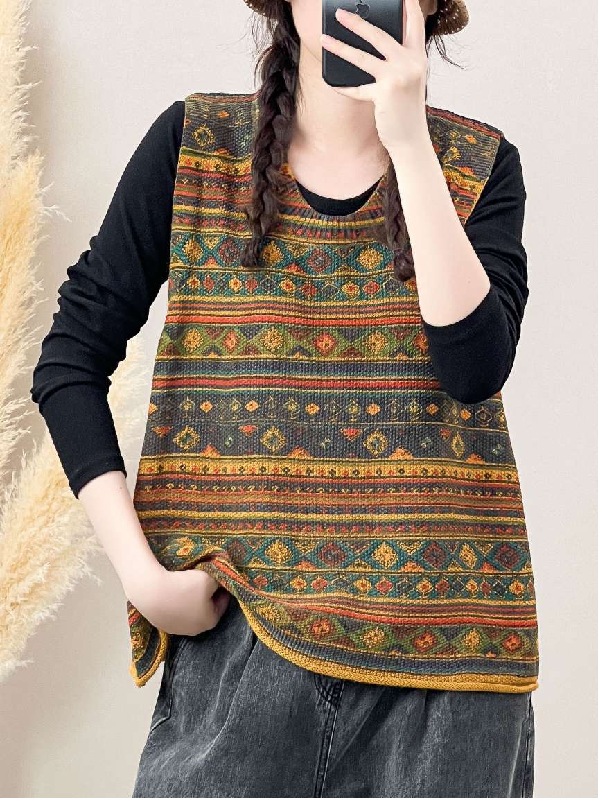 Gilet en tricot à col rond et blocs de couleurs pour femme, style artistique, automne, AH1032 