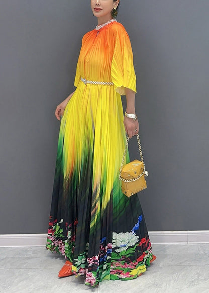 2024 Summer Fashion Orange Yellow Color Blocked Long Pleated Dress AO1020