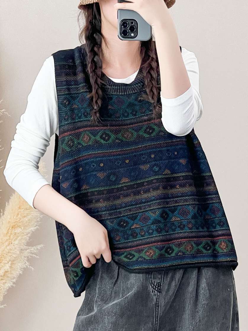 Gilet en tricot à col rond et blocs de couleurs pour femme, style artistique, automne, AH1032 