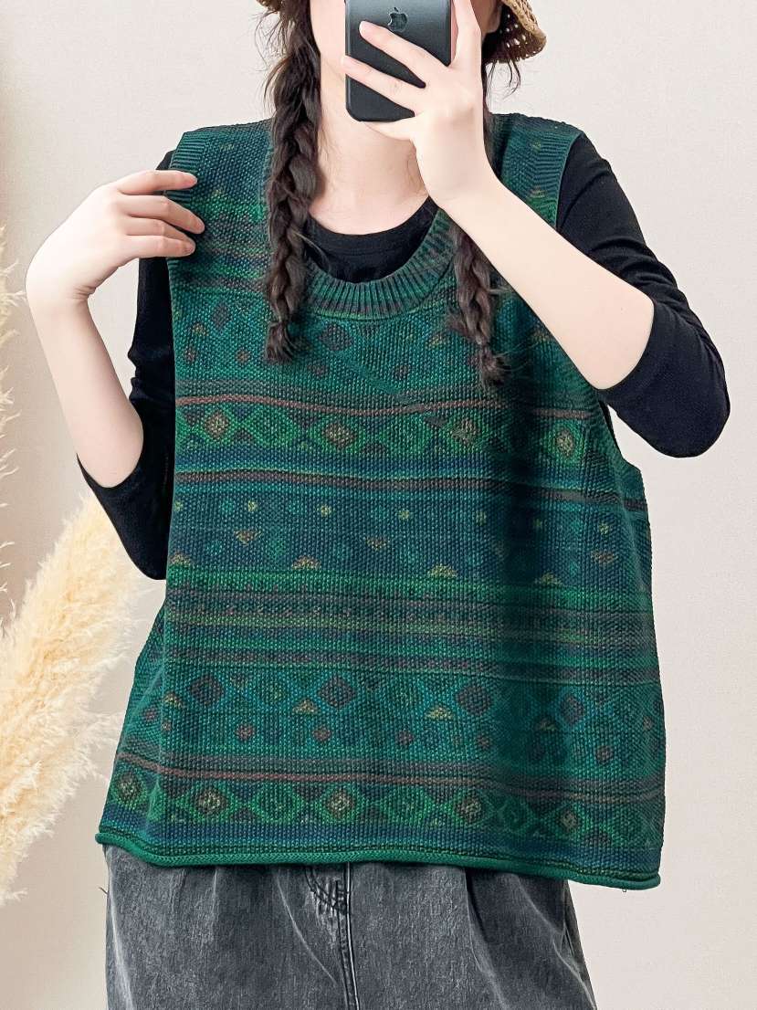 Women Autumn Artsy Colorblock Knit O-Neck Vest AH1032