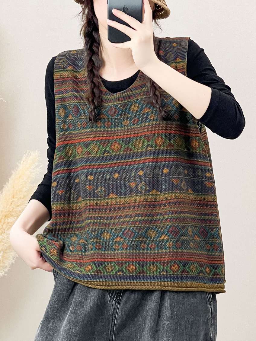 Women Autumn Artsy Colorblock Knit O-Neck Vest AH1032