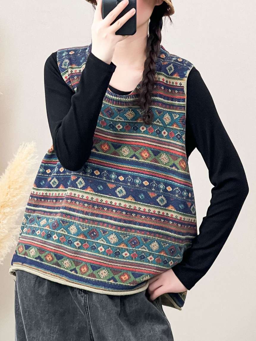 Women Autumn Artsy Colorblock Knit O-Neck Vest AH1032