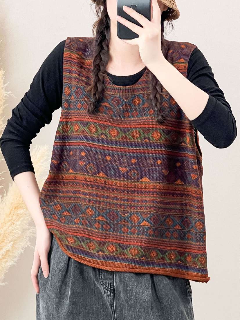 Women Autumn Artsy Colorblock Knit O-Neck Vest AH1032