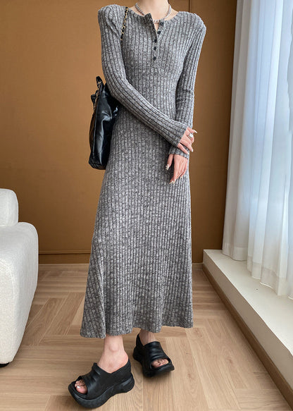 Nouvelle robe pull en tricot de coton à boutons et col en V gris à manches longues AF1056 