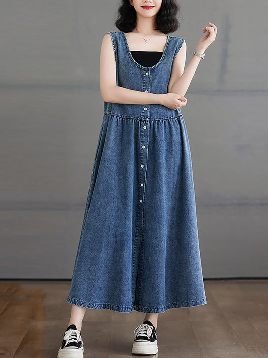 Women Casual Summer Denim A-Shape Loose Vest Dress FD054