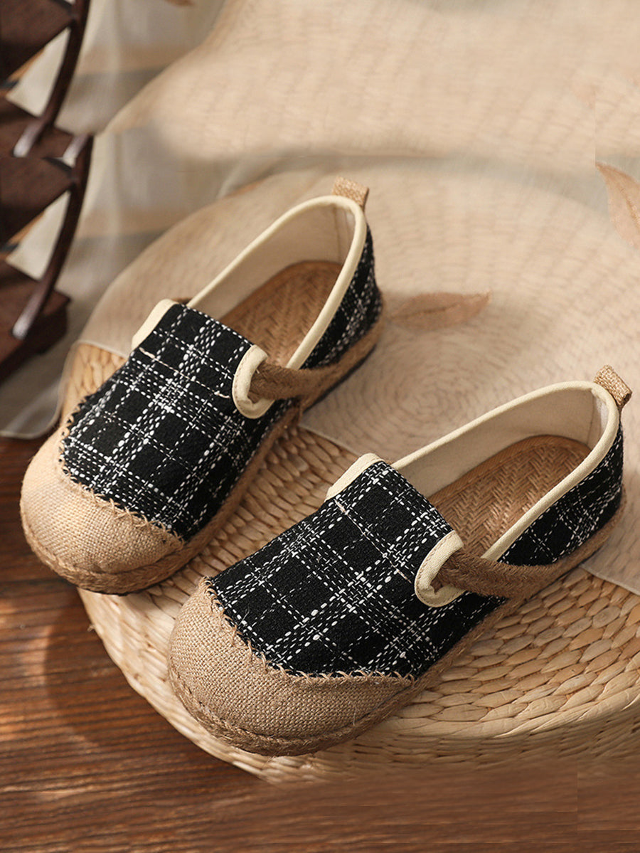 Women Artsy Summer Plaid Linen Spliced Flat Shoes RR007