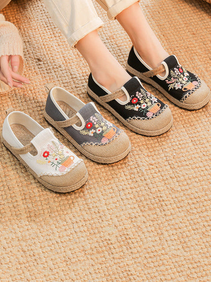 Women Summer Artsy Flower Embroidery Linen Cotton Shoes AT1080