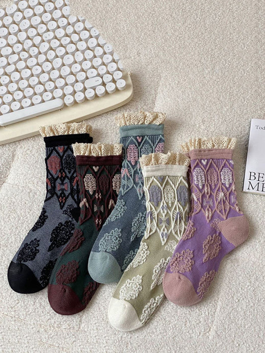 5 Paar Damen Herbst Artsy Flower JAcquard Baumwollsocken QM009