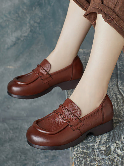 Women Vintage Genuine Solid Leather Low Heel Shoes BA1055