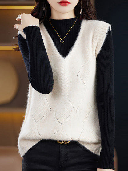 Women Casual Wool V-Neck Twist Knit Vest BA1045