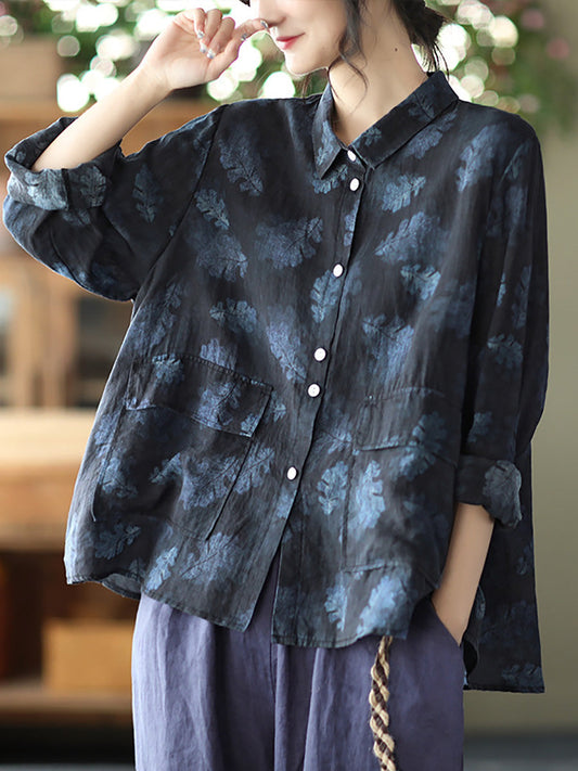 Women Vintage Floral Spring Button Up Ramie Blouse AT1089