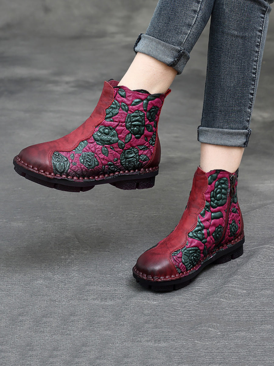 Women Retro Flower Leather Spliced Zipper Low Heel Boots AT1067