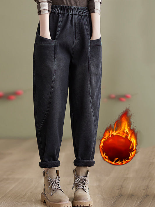 Women Autumn Vintage Solid Fleece-lined Harem Pants QN025