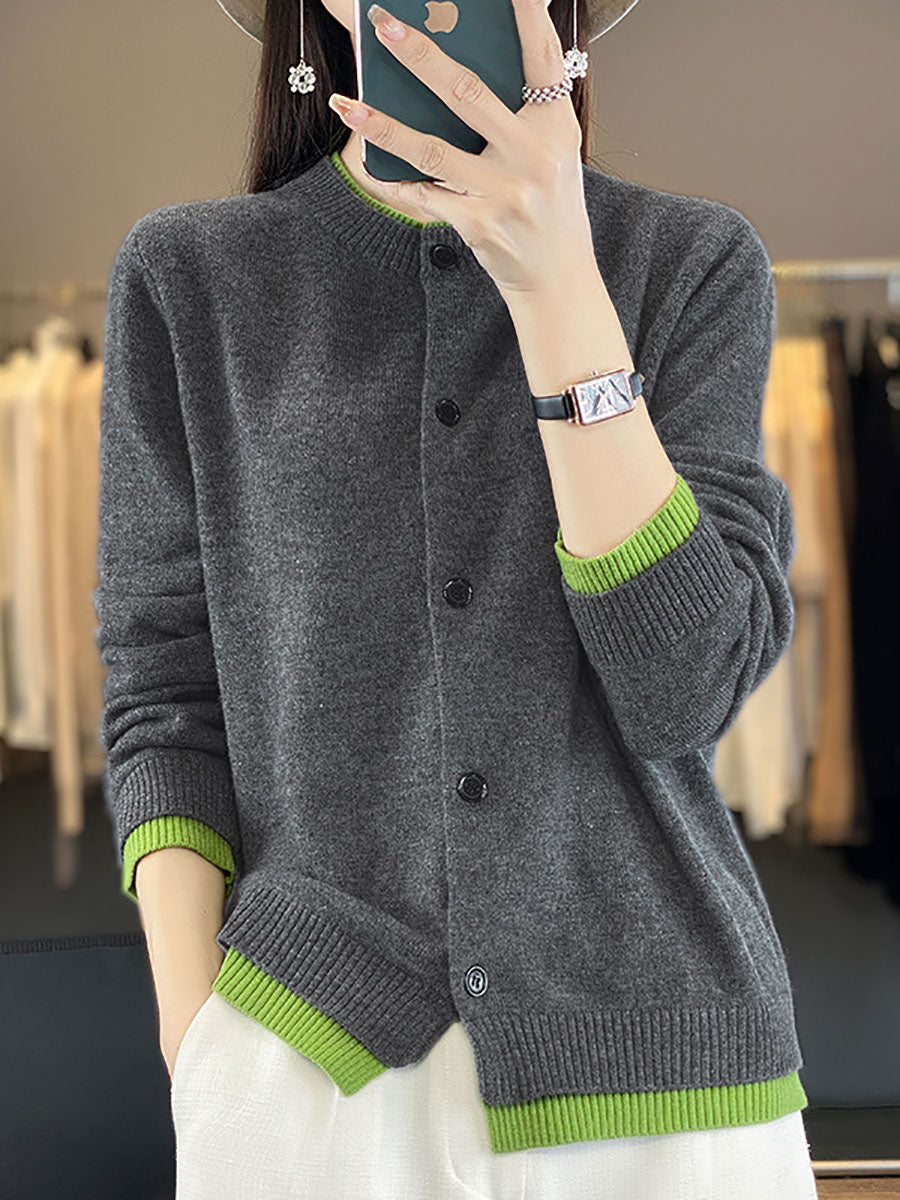 Women Autumn Colorblock Knit 100%Wool O-Neck Sweater QM006