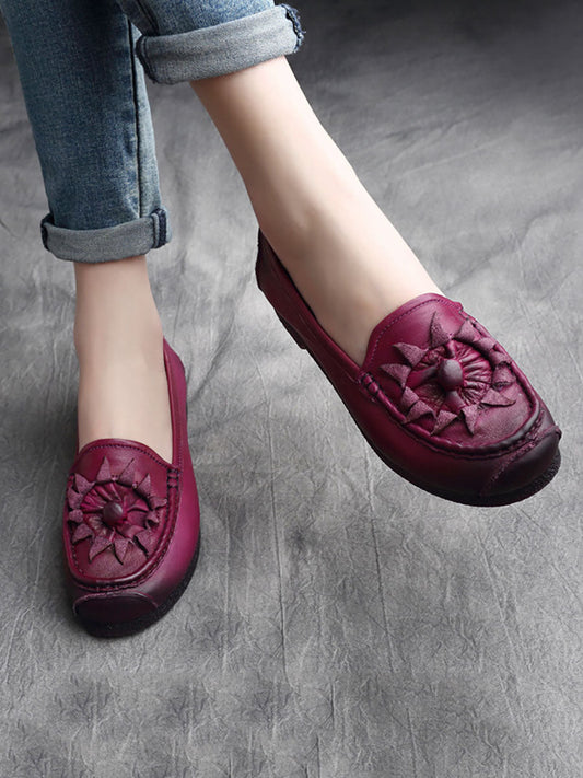 Women Vintage Flower Genuine Leather Low Heel Shoes AS1005