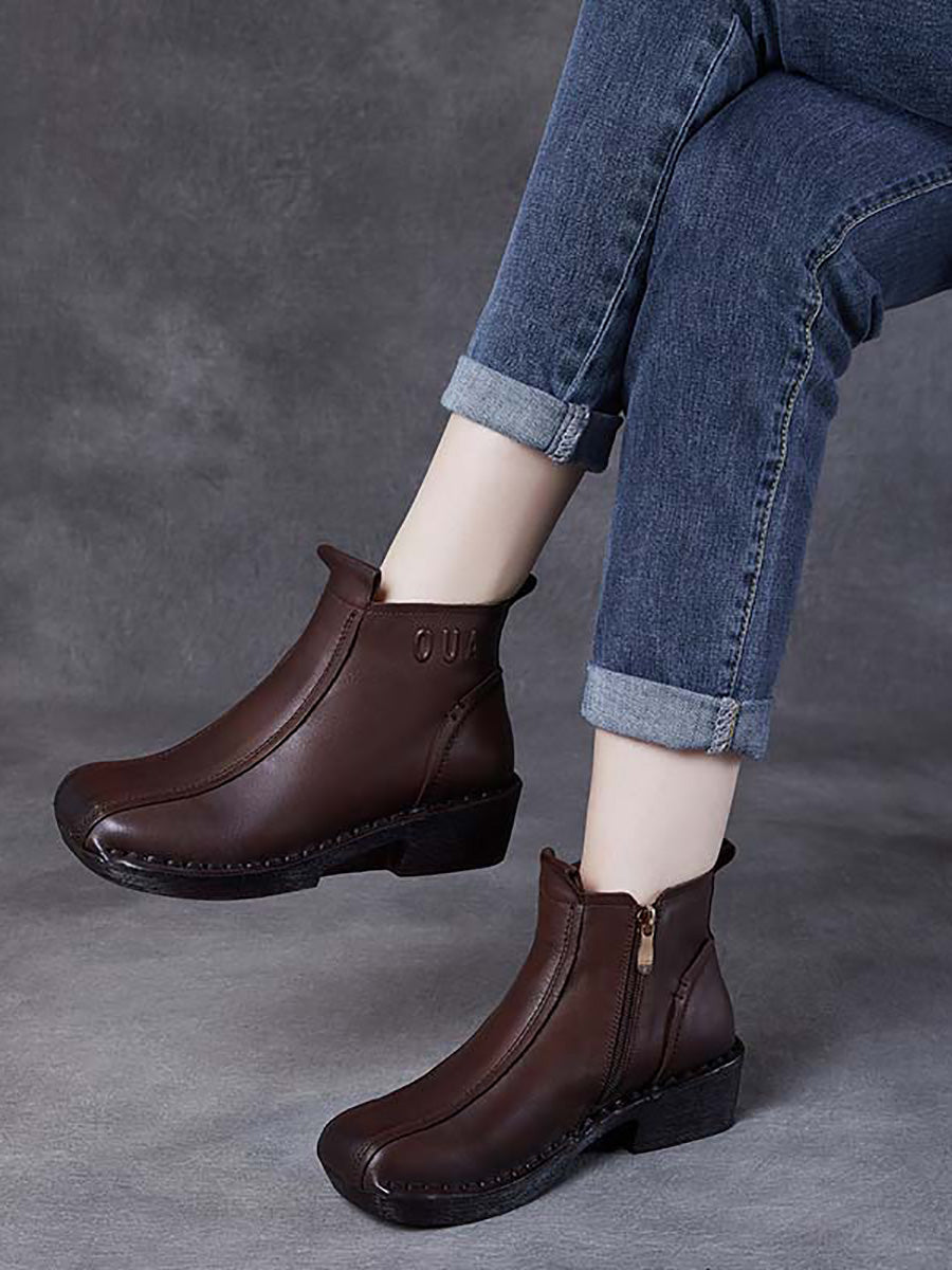 Women Autumn Genuine Leather Spliced Mid-Heel Boots AH1050