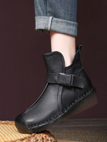 Women Retro Leather Spliced Mid Heel Ankle Boots WG024