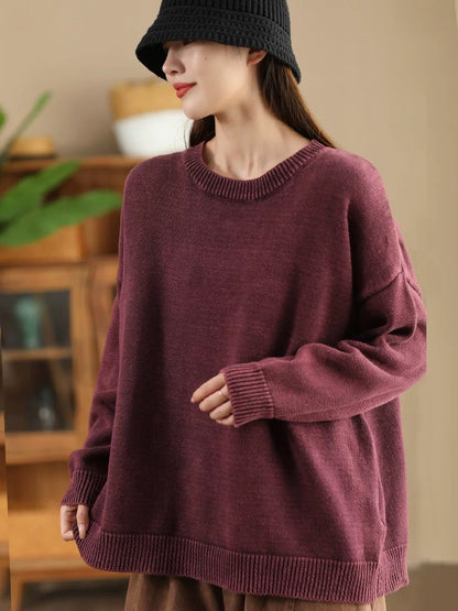 Damen Herbst Casual O-Ausschnitt Reine Farbe Strickpullover AK1028