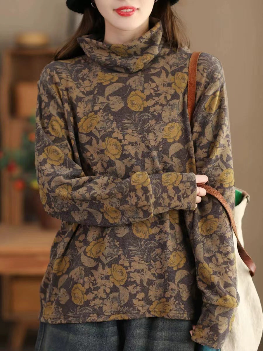 Women Vintage Autumn Flower Turtleneck Sweatshirt AK1023