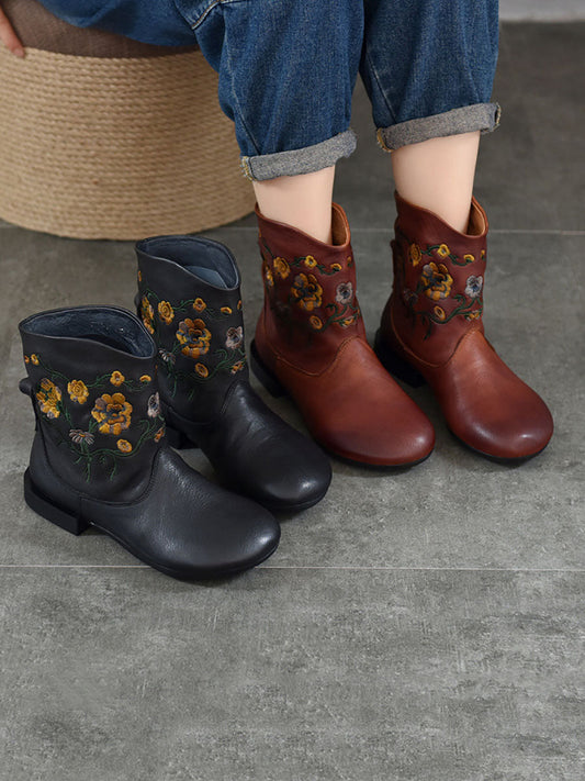 Women Vintage Flower Embroidery Leather Low Heel Boots AX1050