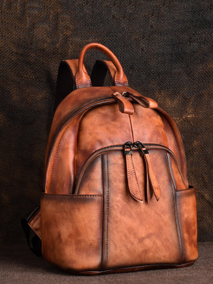 Damen Retro Leder Reißverschluss Große Kapazität Rucksack AH1079