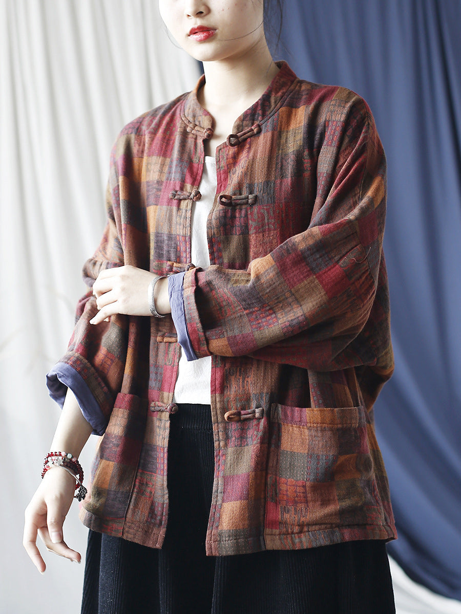 Women Vintage Spring Plaid Cotton Shirt Coat RR001