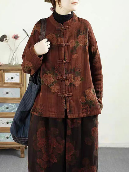 Manteau à col montant en coton avec boucle à fleurs ethniques pour femmes BA1046 