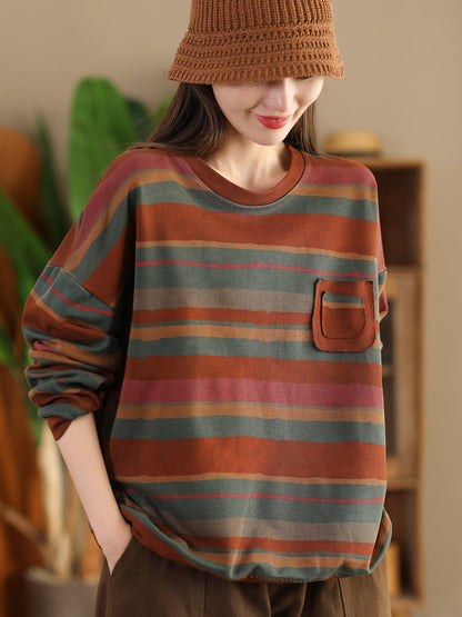 Women Casual Autumn Colorblock Stripe O-Neck Cotton Sweatshirt AI1027