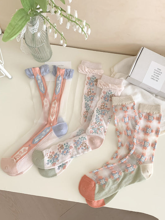 3 Pairs Women Artsy Flower Jacquard Long Socks FD029