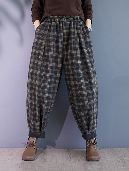 Women Autumn Retro Plaid Thick Cotton Harem Pants BA1036