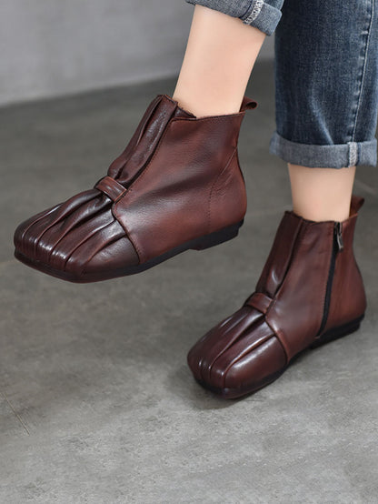 Women Soft Leather Shirred Square Toe Ankle Boots WG031