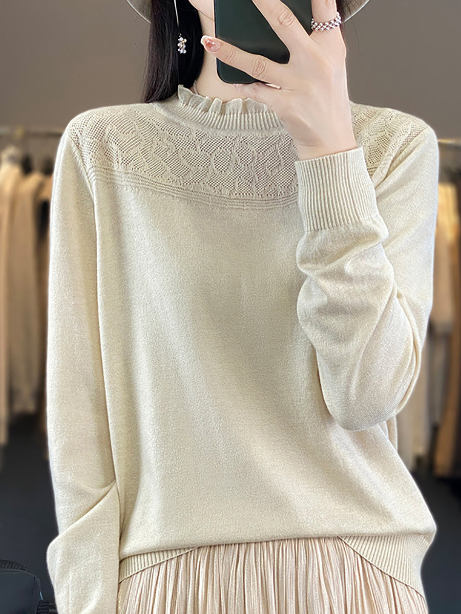 Women Autumn Lacework Neck 100%Wool Loose Sweater QM020