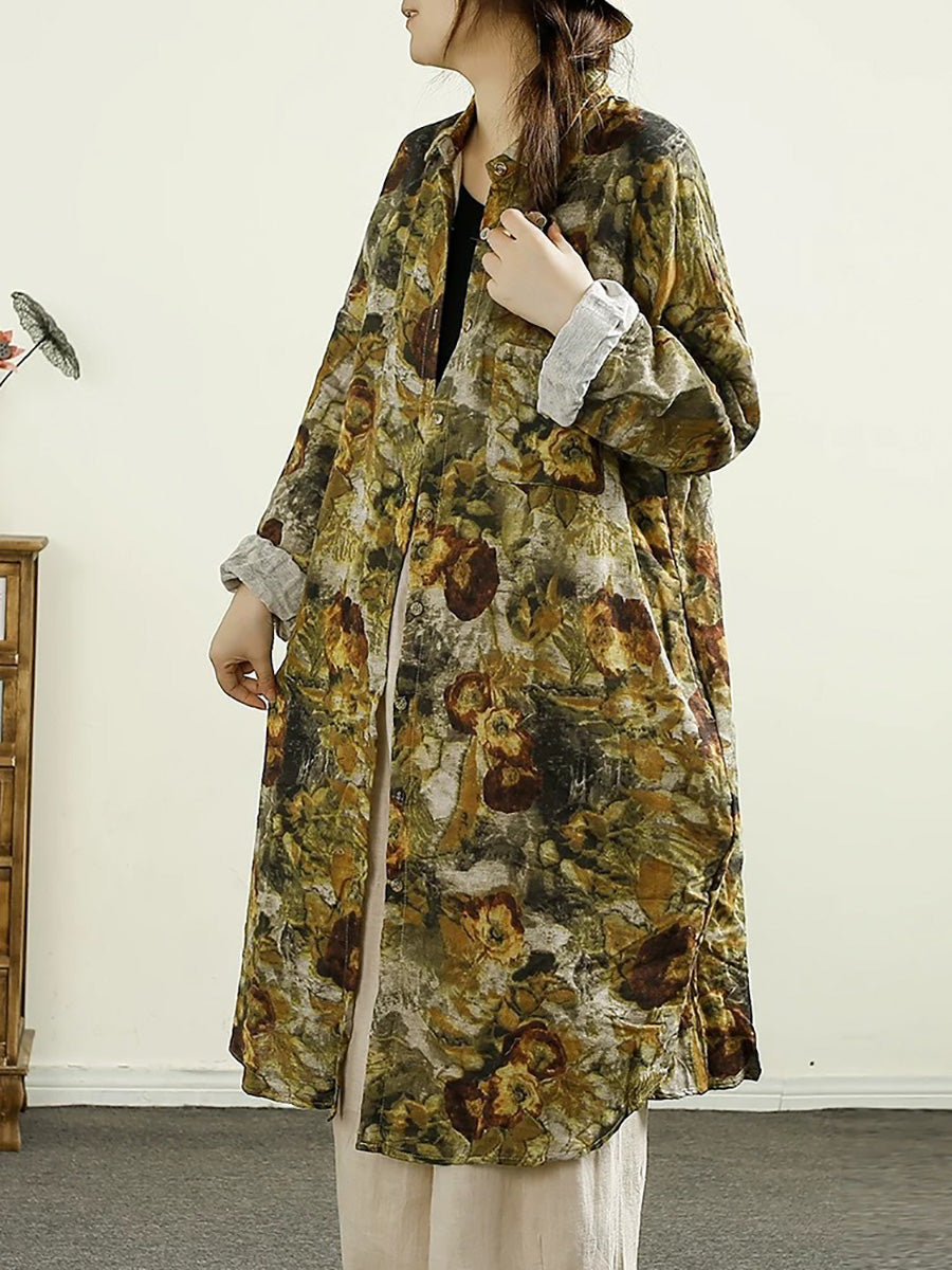 Women Vintage Autumn Flower Button-up Thin Cotton Coat AK1014