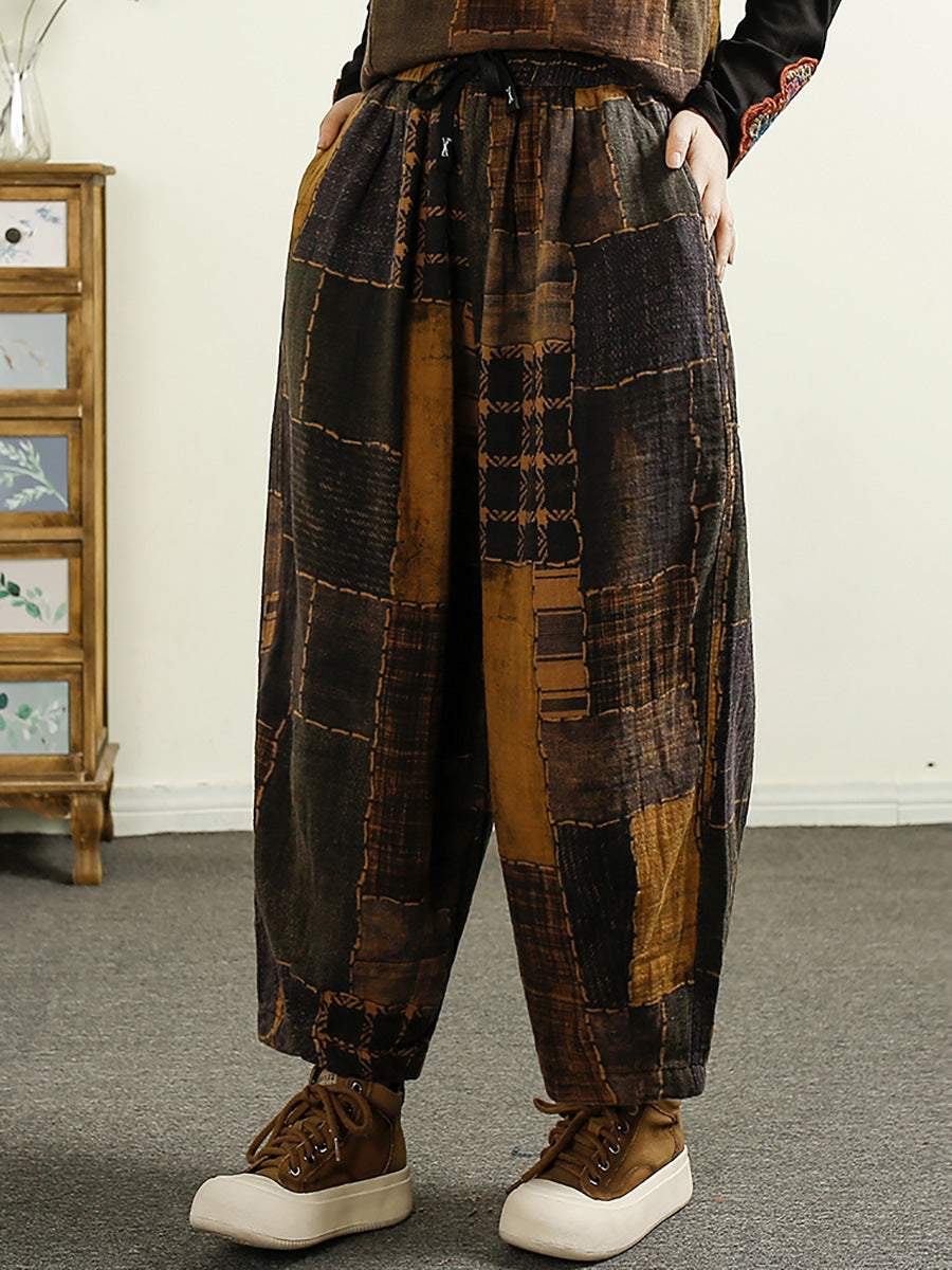 Women Autumn Plaid Spliced Cotton Harem Pants AI1051