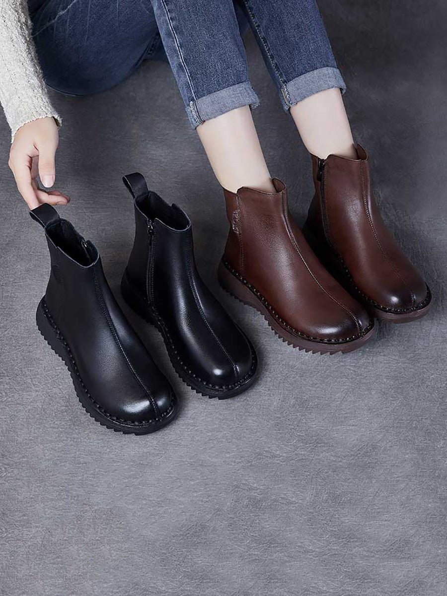 Bottes mi-talons rétro en cuir véritable avec fermeture éclair pour femmes AH1078