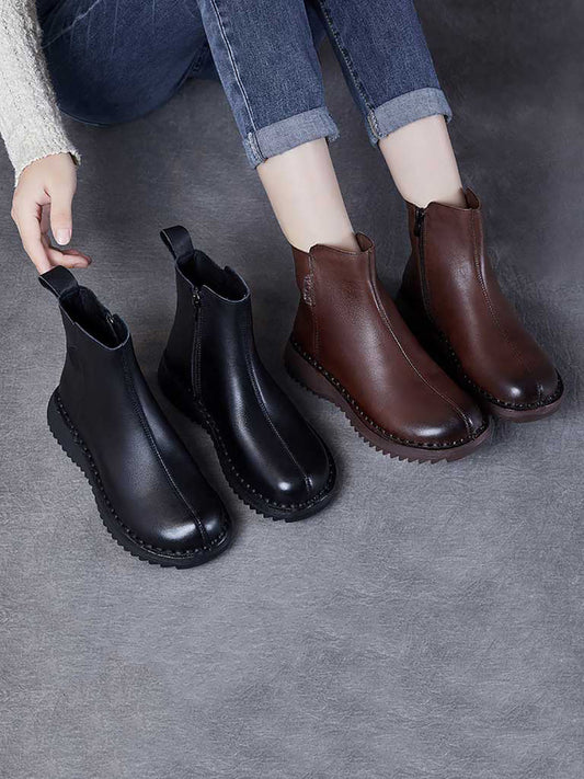 Bottes mi-talons rétro en cuir véritable avec fermeture éclair pour femmes AH1078