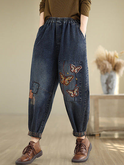 Pantalon sarouel en denim brodé de papillons artistiques d'automne pour femmes AI1078