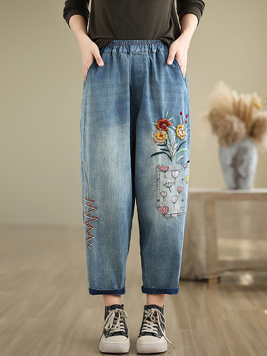 Women Autumn Artsy Flower Embroidery Denim Harem Pants AI1074