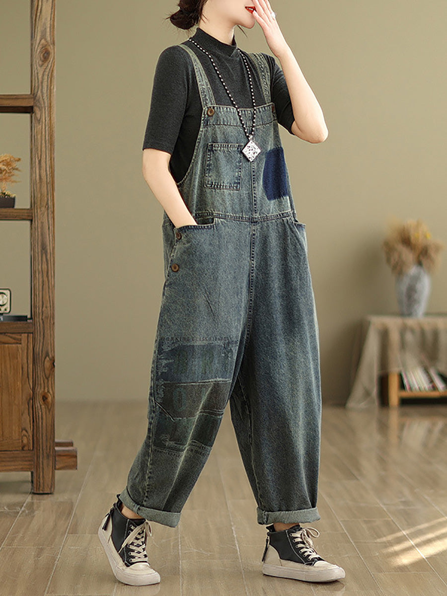 Women Retro Patchwork Loose Washed Denim Jumpsuits AH1080