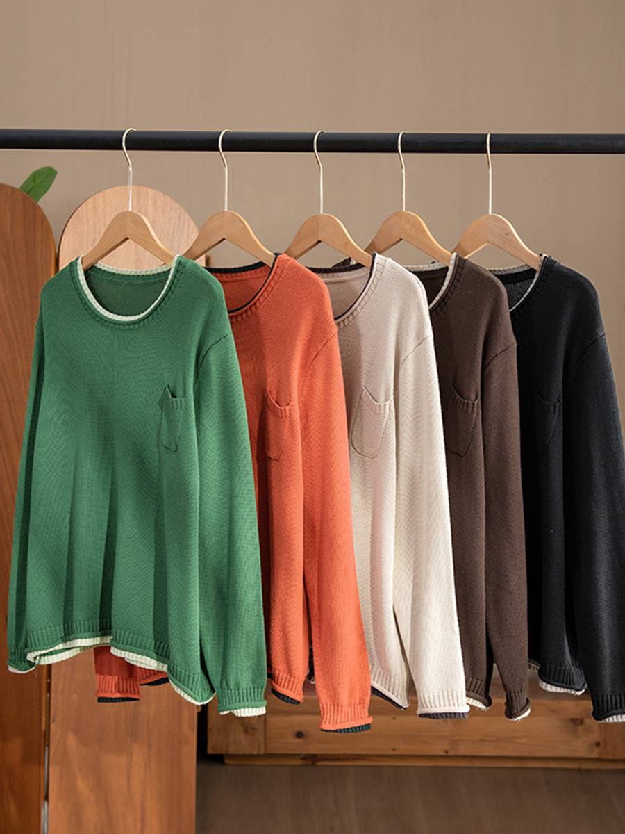 Women Autumn Casual Colorblock O-Neck Cotton Knit Blouse AI1068