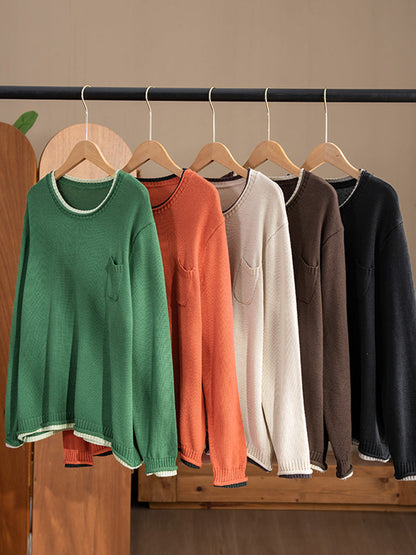 Women Autumn Casual Colorblock O-Neck Cotton Knit Blouse AI1068