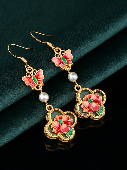 Women Vintage Enamel Flower Butterfly Pearl Earrings AH1086