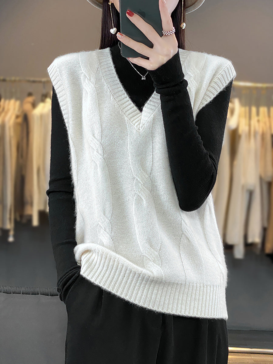 Women Casual Autumn Wool V-Neck Cable Knit Vest QN024