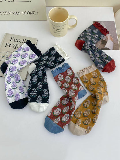 5 Paar Damen-Baumwollsocken mit künstlerischer Blumenstickerei und Farbblockdesign AV1043