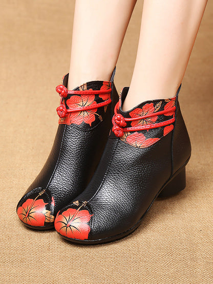 Women Retro Genuine Leather Flower Spliced Chunky Heel Boots AI1010