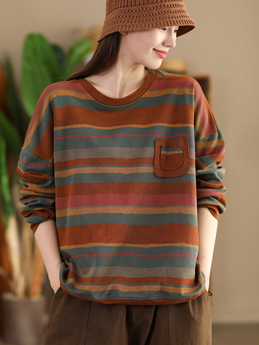 Women Casual Autumn Colorblock Stripe O-Neck Cotton Sweatshirt AI1027