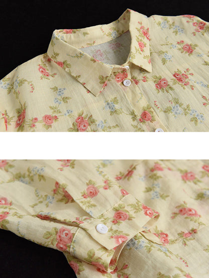 Damen Vintage Floral Frühling Button Up Ramie Bluse AT1089