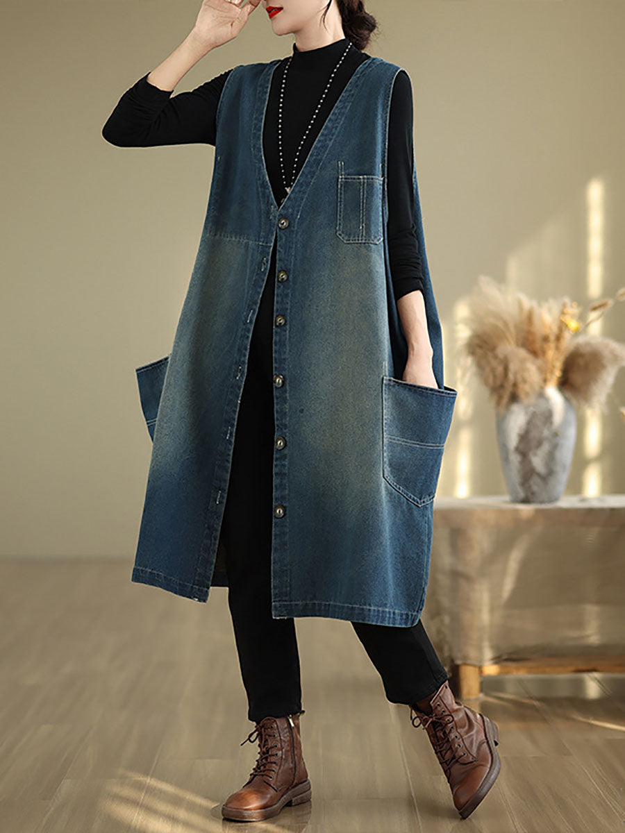 Women Casual Summer Spliced V-Neck Button-up Denim Vest Coat AT1007