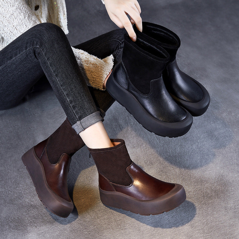 Bottines à plateforme en cuir véritable pour femme QU016