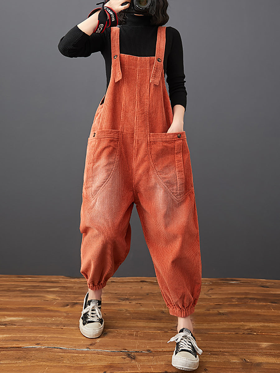 Women Commute Autumn Solid Corduroy Loose Jumpsuits AK1022